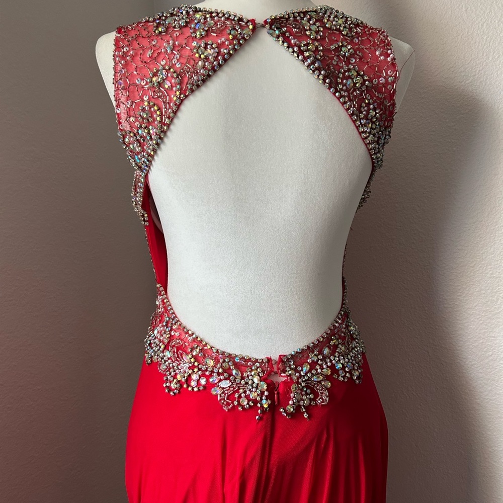 Red open back formal dress with chiffon skirt